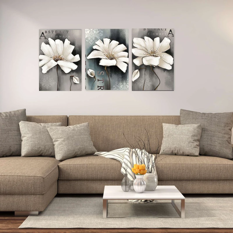 تابلو شاسی بکلیت طرح نقاشی مدرن گل سفید مدل SH-1891 مجموعه 3 عددی