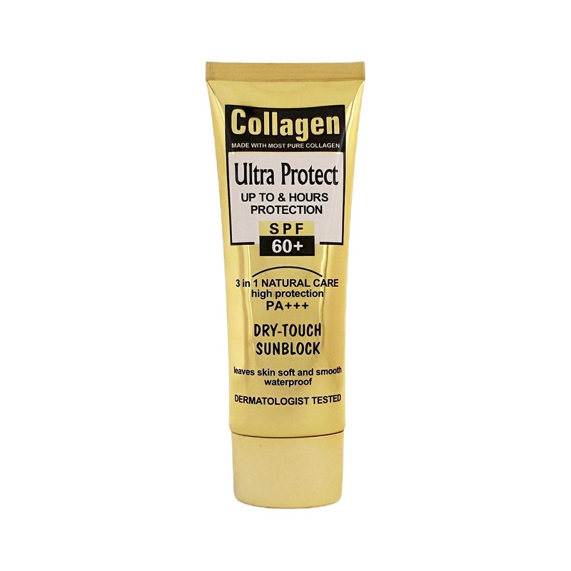 کرم ضد آفتاب بدون رنگ کلاژن، 60 SPF، مدل Ultra Protect، مناسب انواع پوست و حجم 130 میلی‌لیتر، محافظت کننده در برابر اشعه UVA و UVB، ضد آب، +++ PA، نرم کننده، روشن کننده پوست، مات کننده، با ماندگاری 2 ساعته