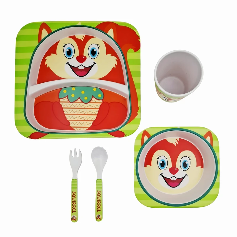 سرویس غذاخوری کودک مدل فیبر بامبو طرح سنجاب مجموعه 5 عددی