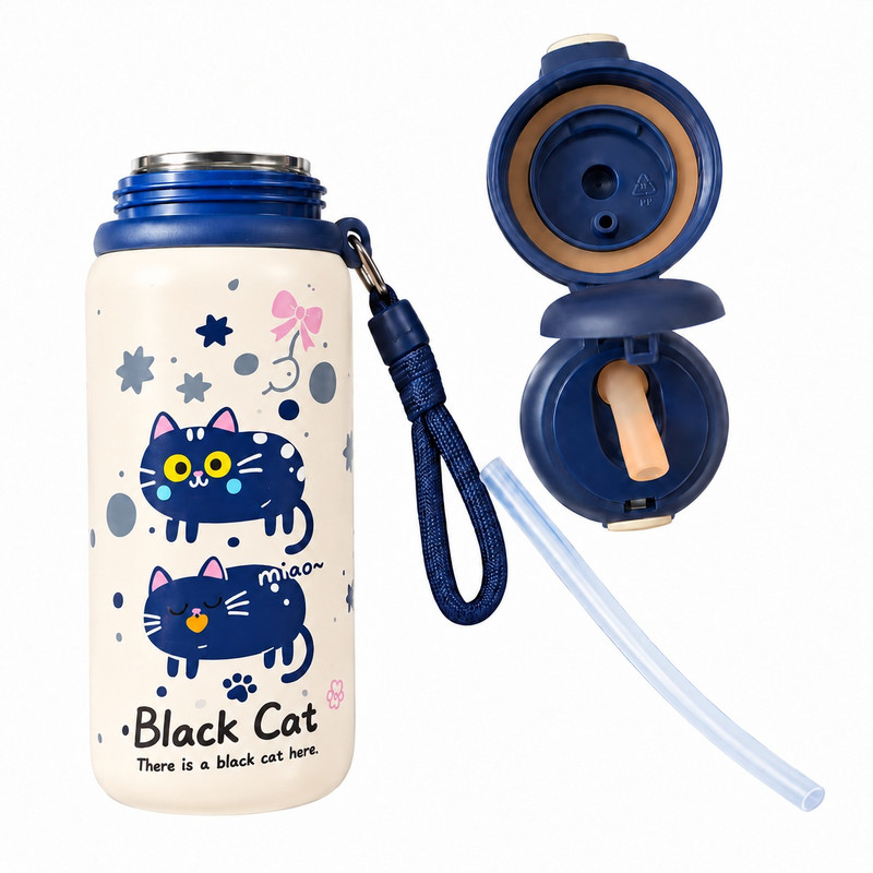 قمقمه کودک مدل گربه Black Cat دوحالته نی دار و آسان نوش soosoo50 حجم 0.50 میلی لیتر