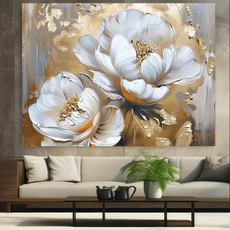 تابلو بوم طرح مخمل گل سفید مدل بافت طلایی کد N154