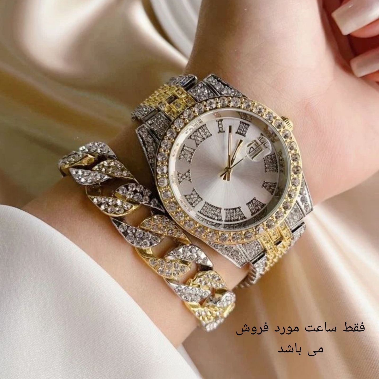 ساعت مچی عقربهای مردانه مدل دور نگین بند فول نگین کد 4 - - 3