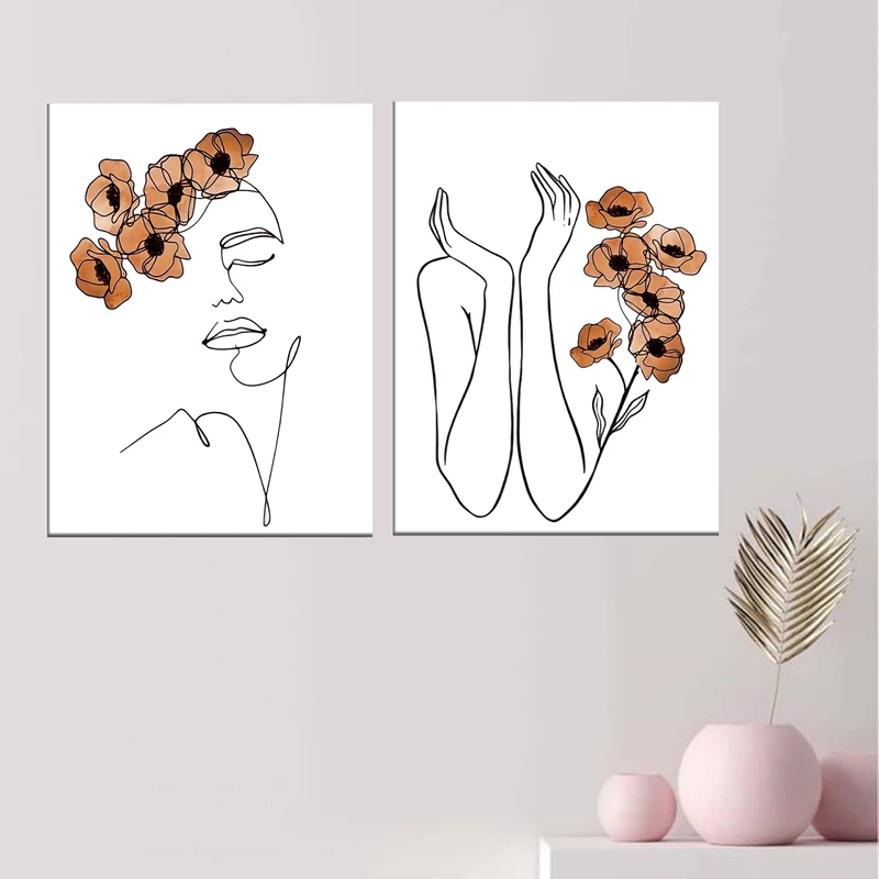 تابلو شاسی مدل دکوراتیو طرح خطی دختر و گل کد 555 مجموعه دو عددی