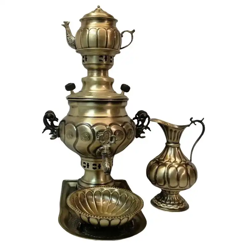سرویس سماور ذغالی 5 پارچه برنجی مدل گل کد D3L-g