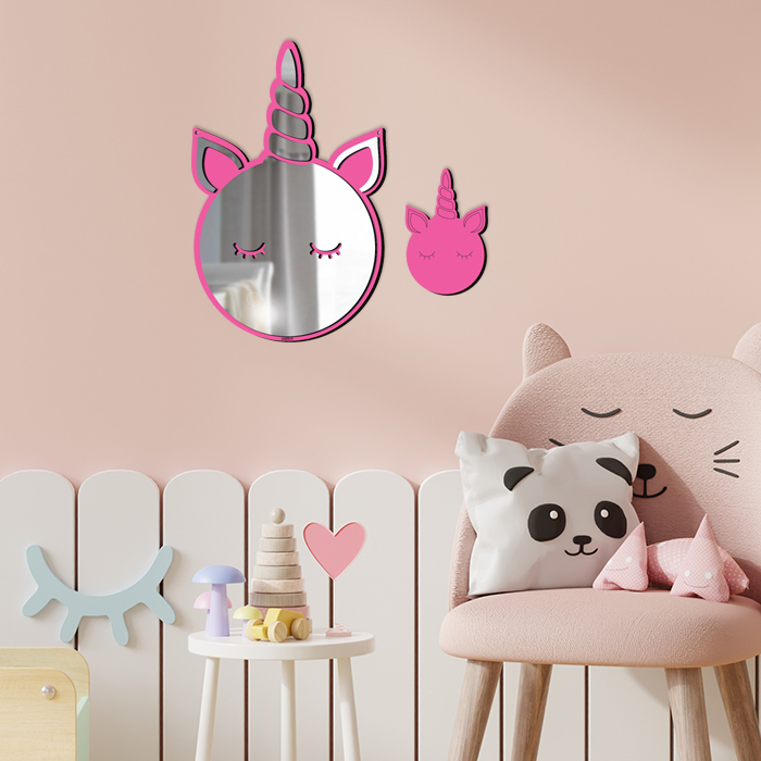 استیکر چوبی کودک باروچین مدل  تک شاخ آیینه ای کد m-3-pink مجموعه 2 عددی