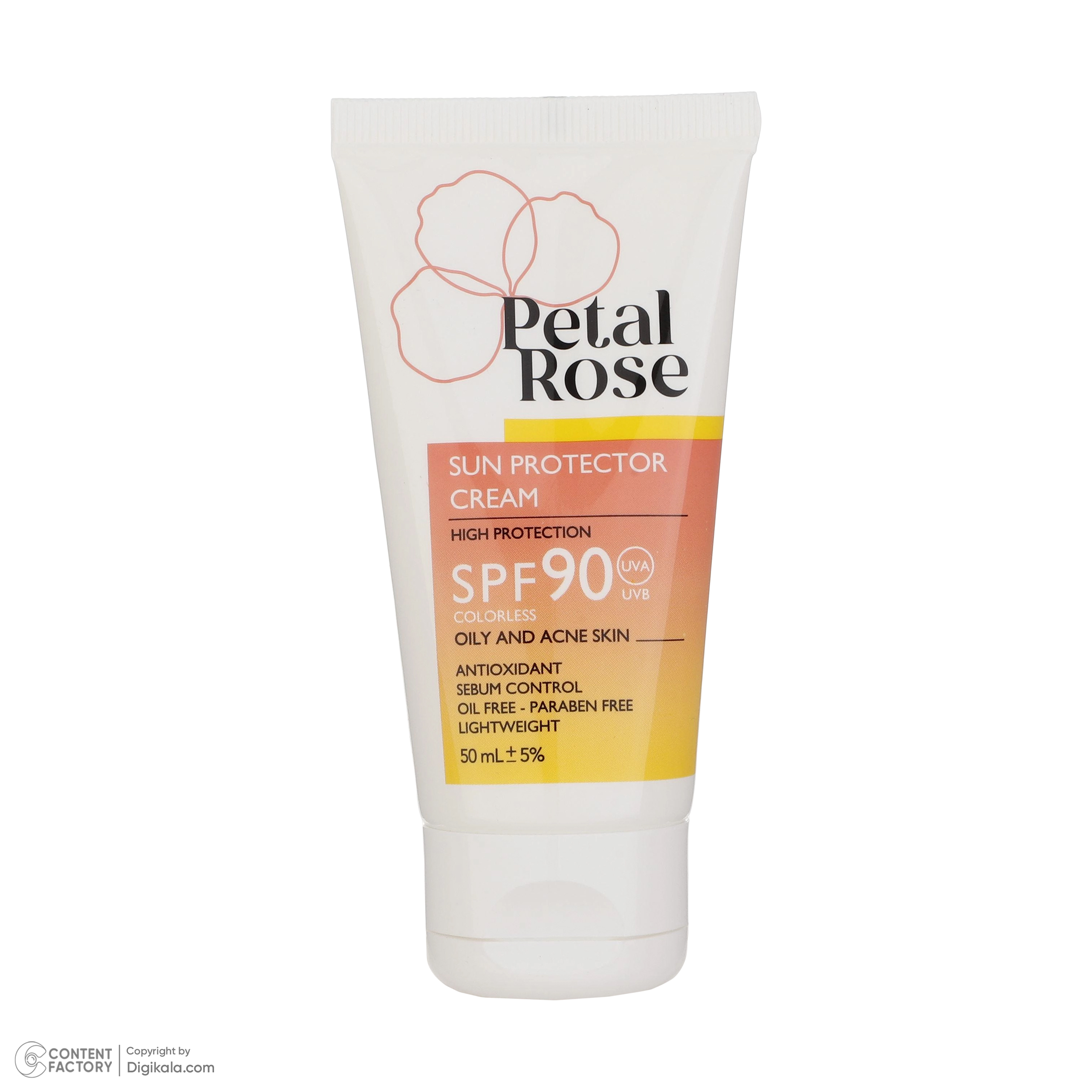 کرم ضد آفتاب بدون رنگ پتال رز SPF 90 مدل High Protection مناسب پوستهای چرب حجم 50 میلیلیتر