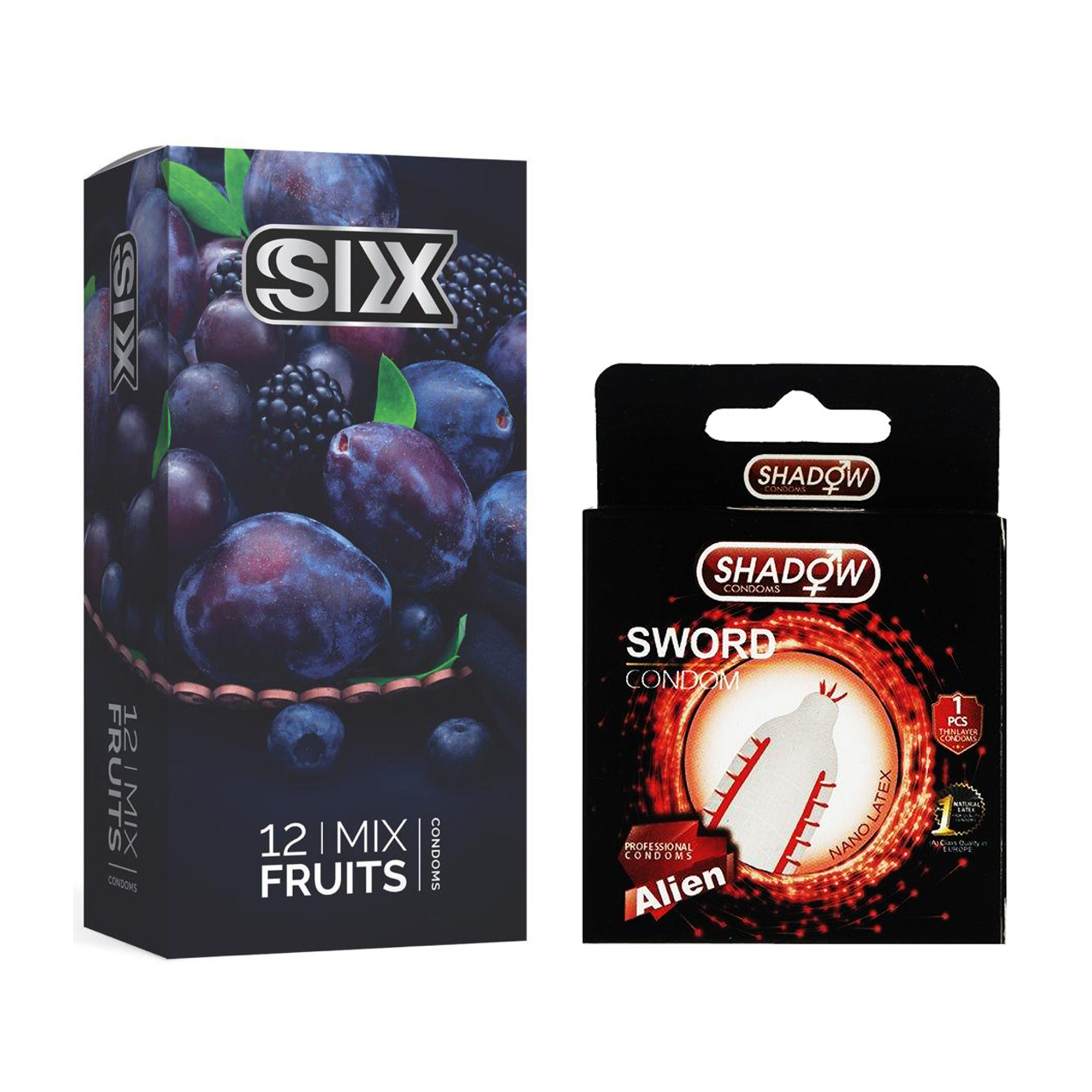 کاندوم سیکس مدل Mix Fruits بسته 12 عددی به همراه کاندوم شادو مدل Sword