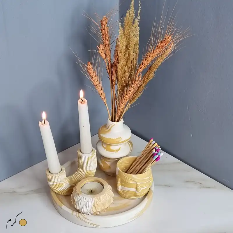 ست 5 تکه جاشمعی و گلدان بتنی طرح آبشاری و چهره مدل دلسا