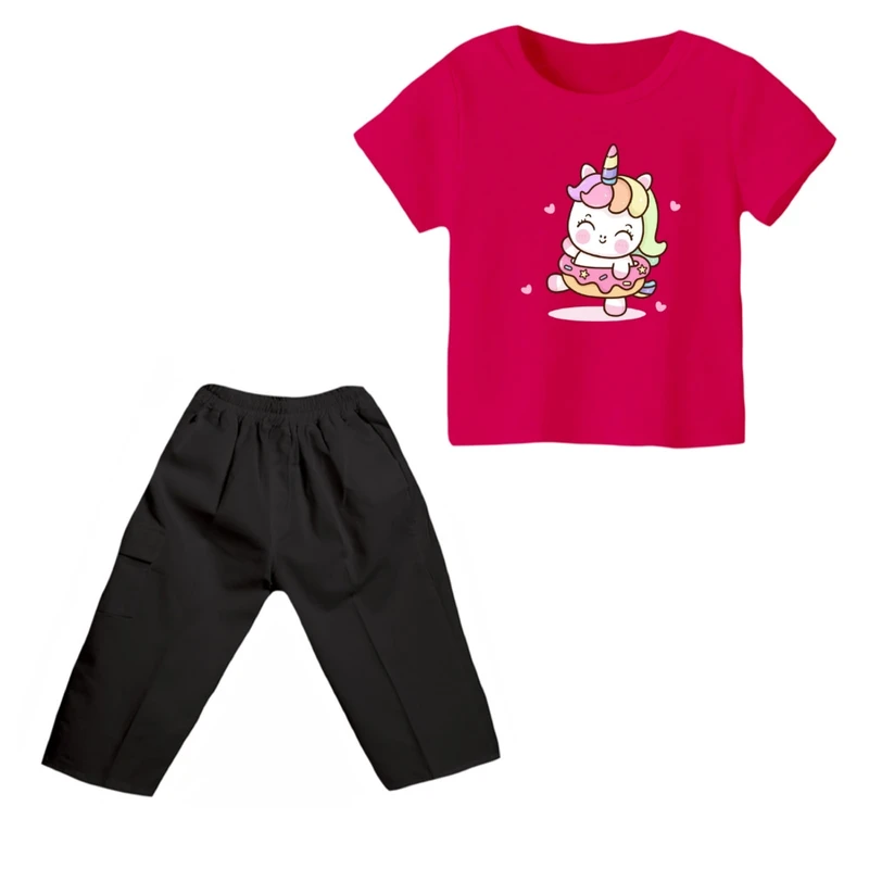 ست تی شرت و شلوارک دخترانه مدل یونیکورن کد 5 رنگ سرخابی