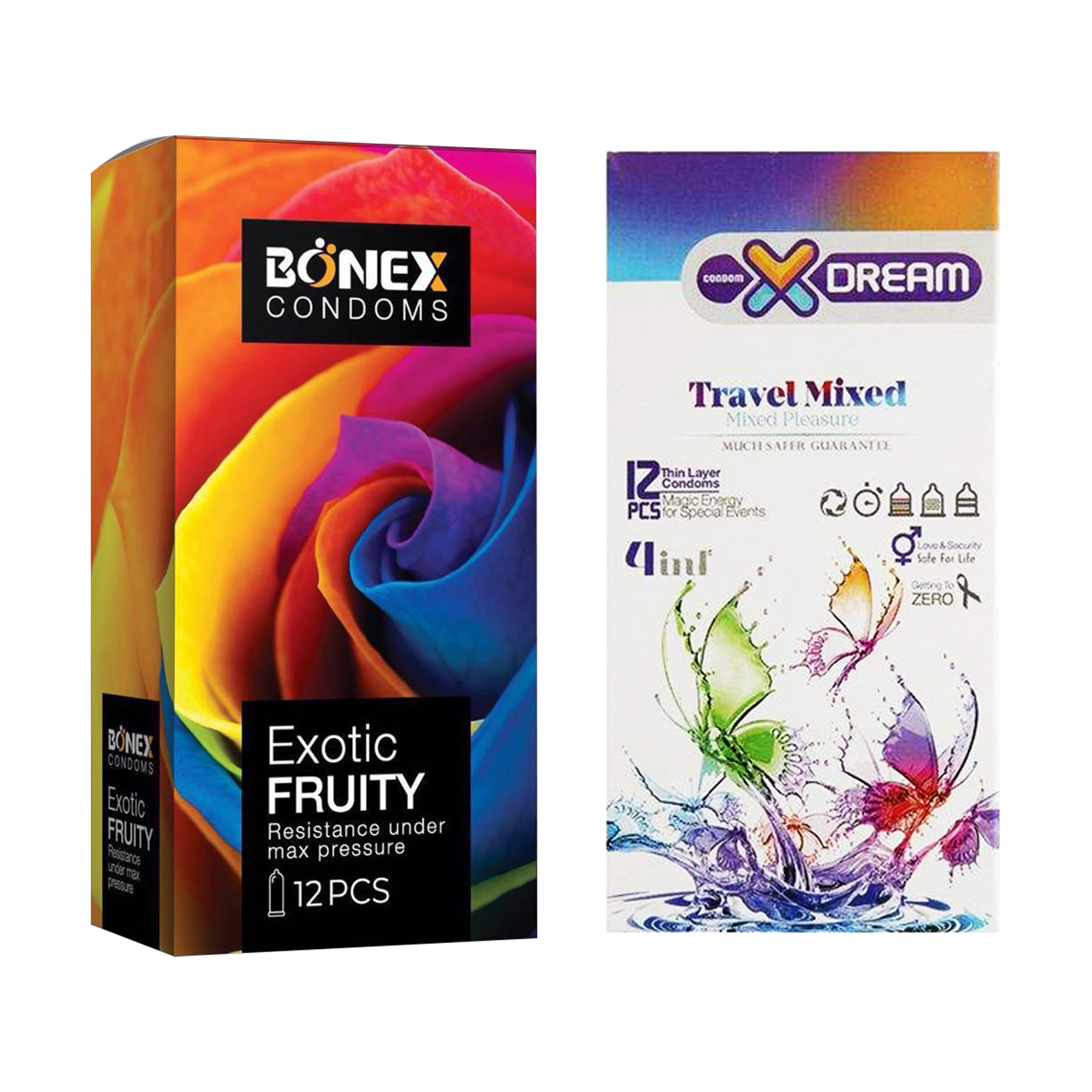 کاندوم بونکس مدل Exotic Fruity بسته 12 عددی به همراه کاندوم ایکس دریم مدل Travel Mixed بسته 12 عددی