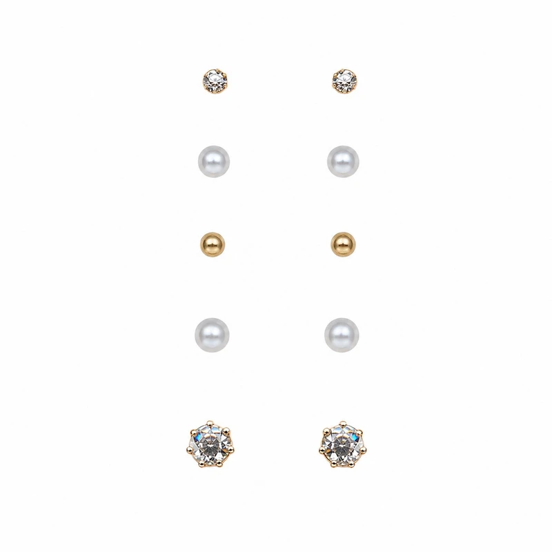 گوشواره میخی زنانه استیل مدل Pearl & Crystal بسته 5 عددی