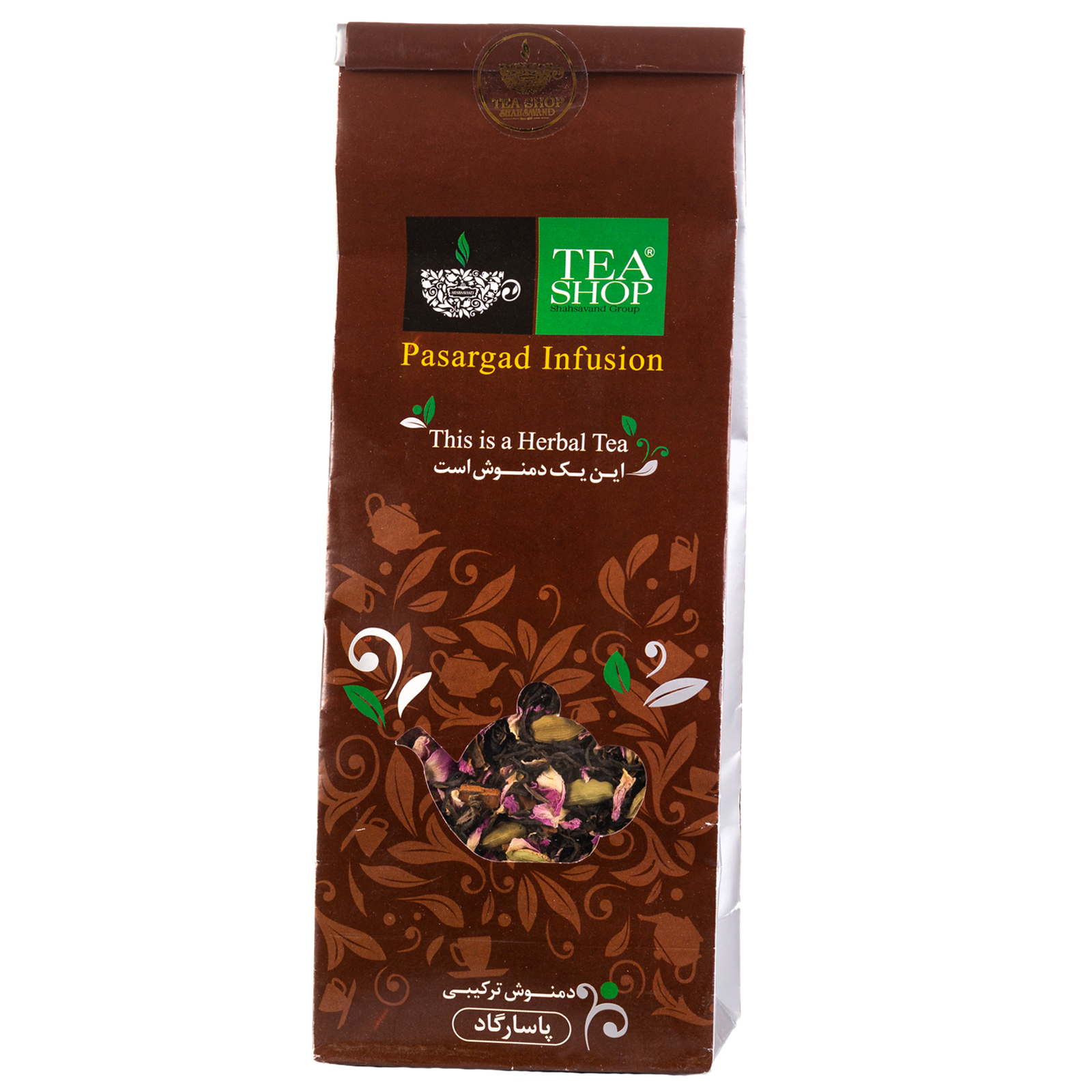 دمنوش مخلوط گیاهی پاسارگاد تی شاپ حاوی چای سبز، هل، دارچین و گل محمدی - بسته 100 گرم