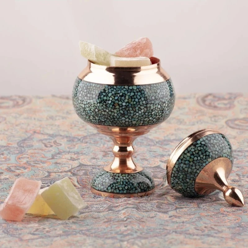 عکس شماره 3 : ست سه تکه گلدان و شکلات خوری فیروزه کوبی مسی مدل f011 کد f008