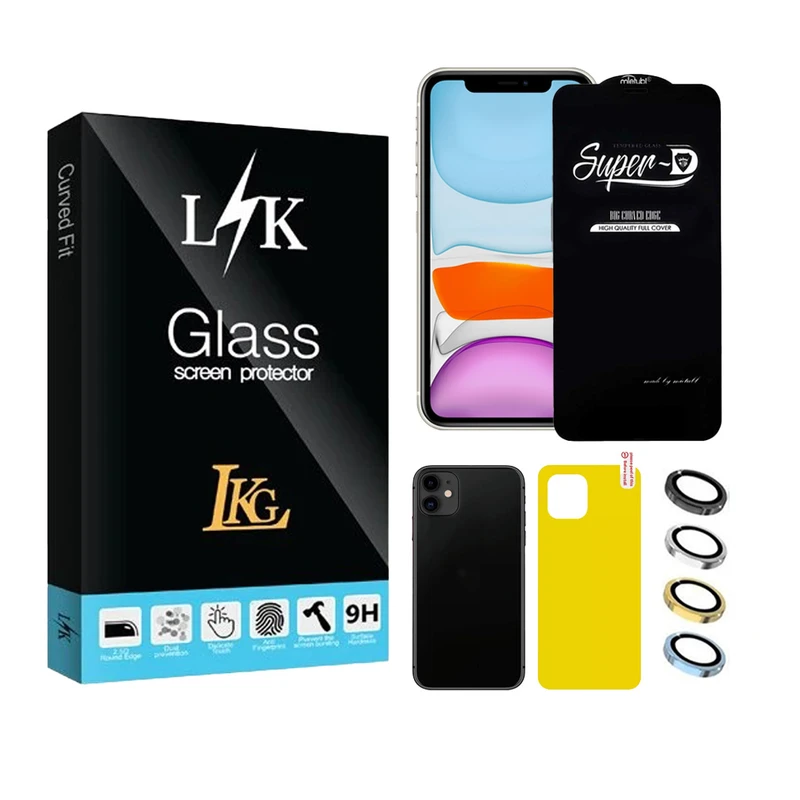 محافظ صفحه نمایش ال کا جی مدل سوپر دی مناسب برای گوشی موبایل اپل iPhone 11 به همراه محافظ پشت گوشی و محافظ لنز