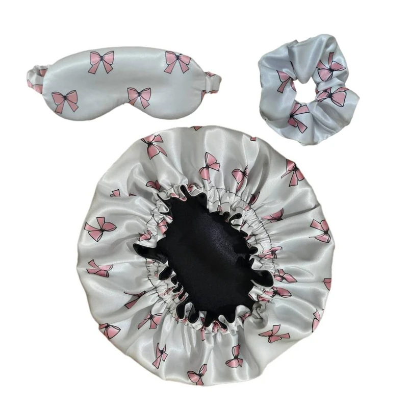 کلاه خواب زنانه مدل ساتن ابريشم طرح پاپيون به همراه چشم بند و اسکرانچی مو بسته 3 عددی