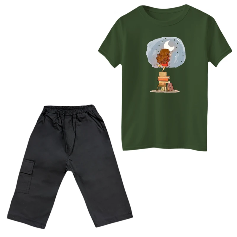 ست تی‌شرت آستین کوتاه و شلوارک دخترانه مدل دخترک و شب