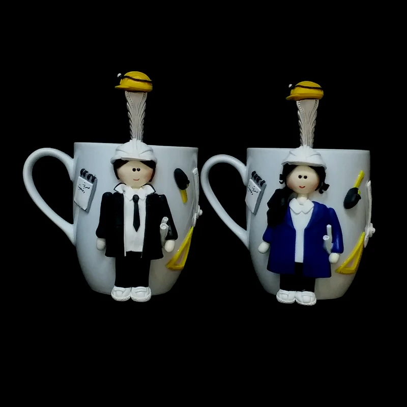 ماگ سرامیکی مدل معمار و نقشه کش کد L590 مجموعه 2 عددی به همراه قاشق