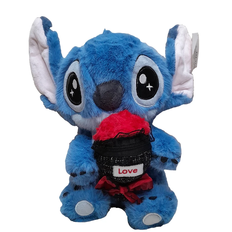 عروسک پولیشی مدل استیچ با دسته گل جا حلقه ای ارتفاع 20 سانتی متر