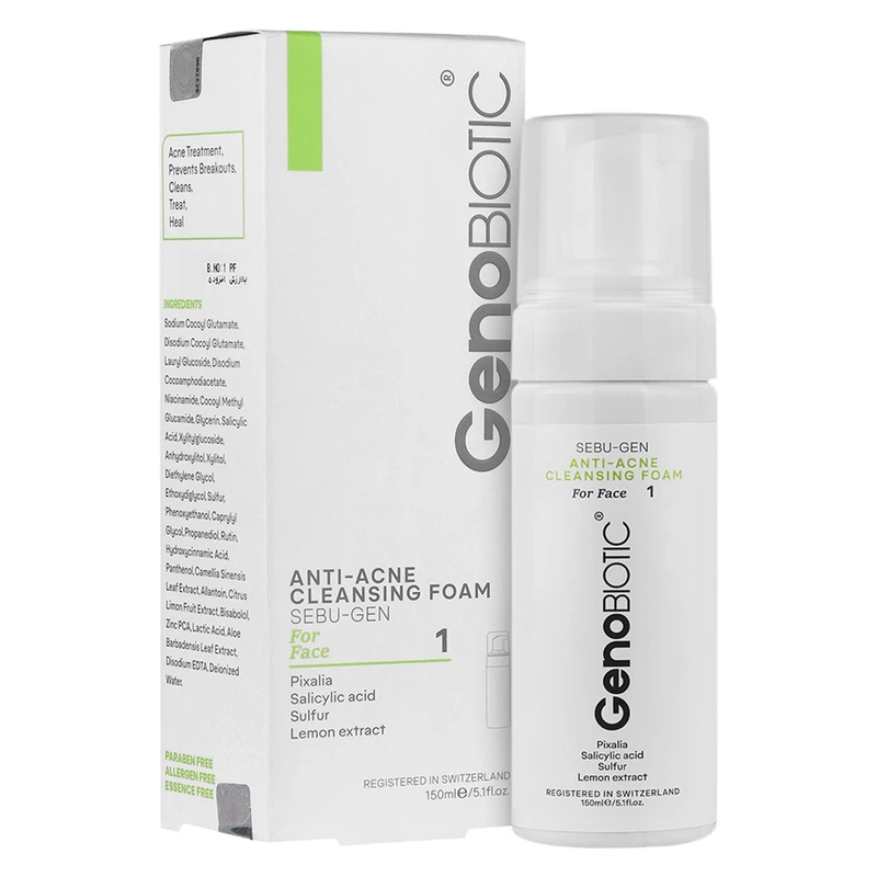 فوم شستشوی صورت ژنوبایوتیک مدل Sebu Gen مناسب پوست‌های آکنه‌ای حجم 150 میلی لیتر