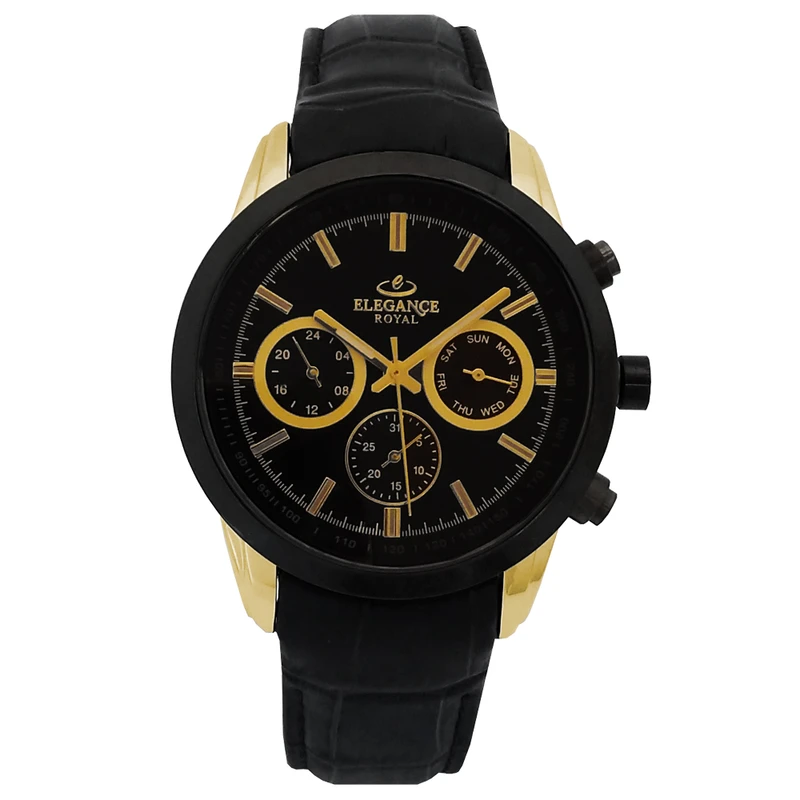 ساعت مچی عقربه‌ای کوارتز مردانه الگانس مدل سه موتور فعال فول تایم رویال بندچرمی کد EL790GA