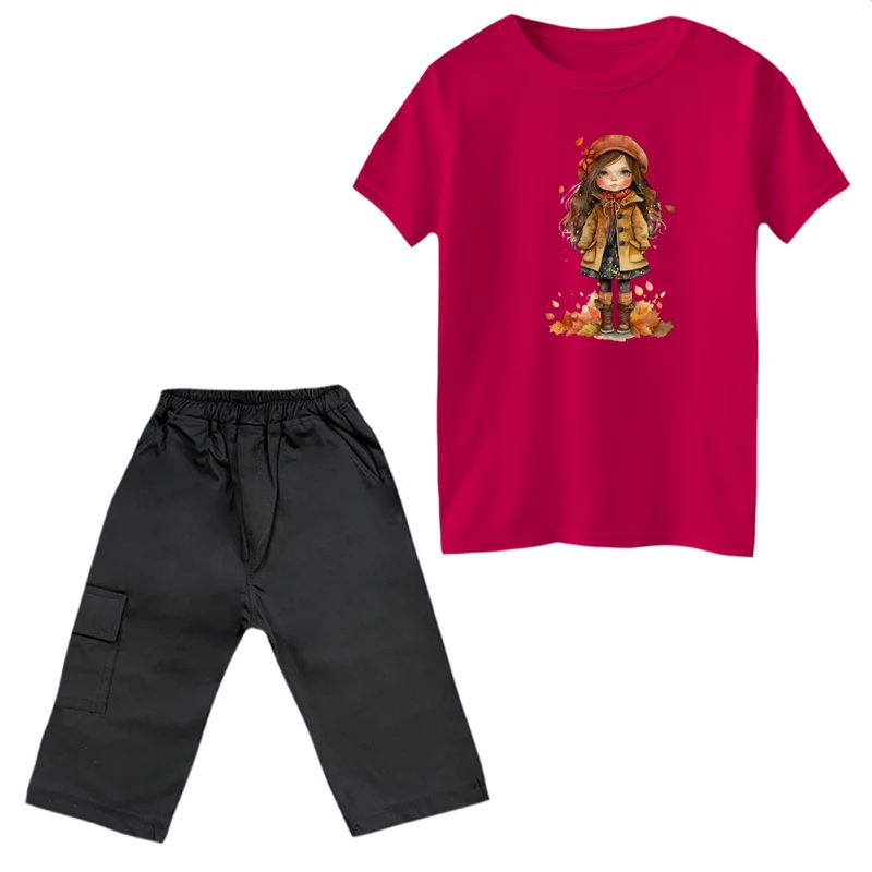 ست تی‌شرت آستین کوتاه و شلوارک دخترانه مدل دخترک پاییزی       رنگ سرخابی