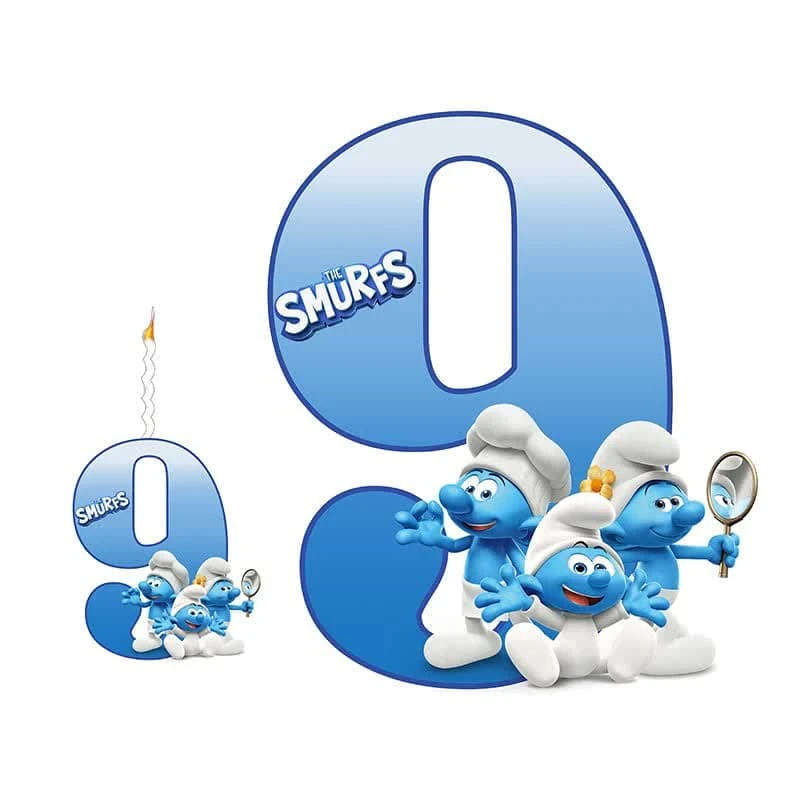   استند رومیزی تولد مدل عدد 9 طرح اسمارف ها به همراه شمع مجموعه دوعددی