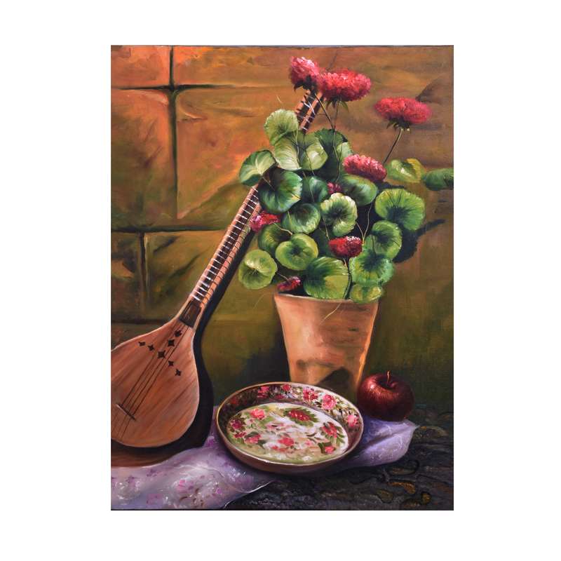 تابلو نقاشی رنگ روغن مدل سه تار و شمعدونی