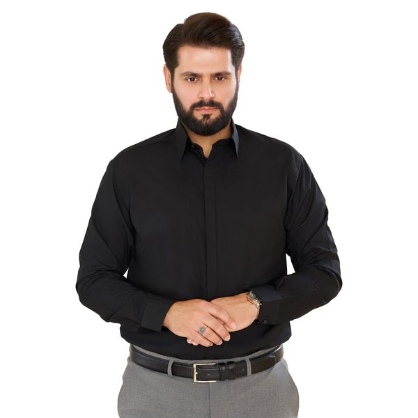 پیراهن آستین بلند یقه انگلیسی مردانه مدل دکمه مخفی  رنگ مشکی