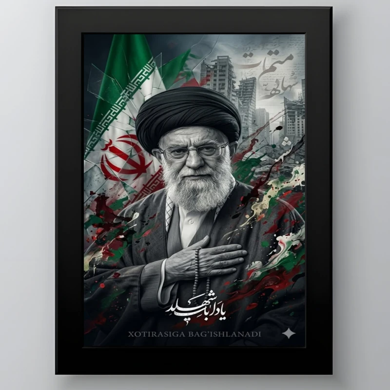 تابلو طرح یادبود رهبر شهید امام خامنه ای مدل دکوراتیو فریم مشکی