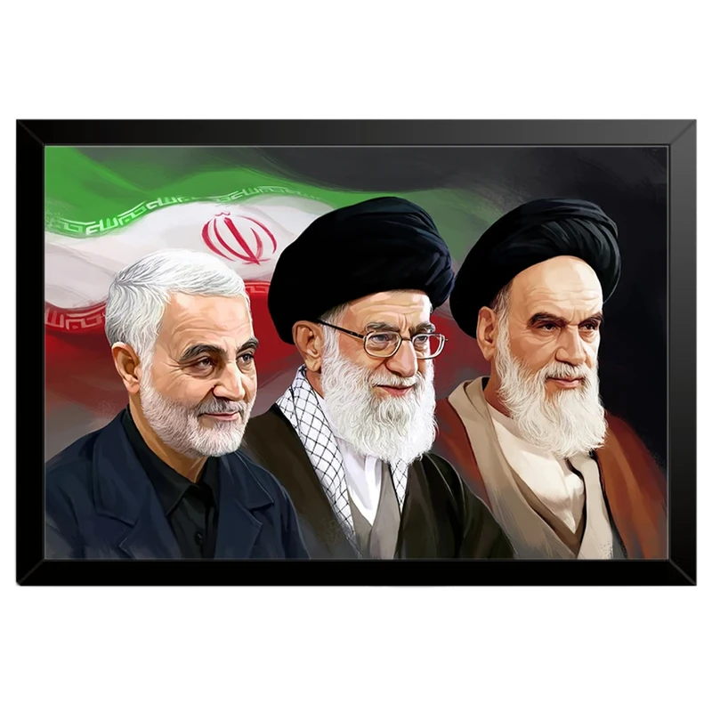 تابلو بکلیت طرح امام خمینی و رهبر معظم آیت الله خامنه ای و سردار شهید حاج قاسم سلیمانی مدل B-po2035 فریم مشکی