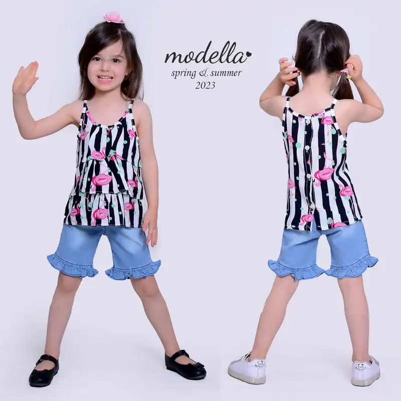 ست تاپ و شلوارک دخترانه مدلا مدل فلامینگو کد MAS8506