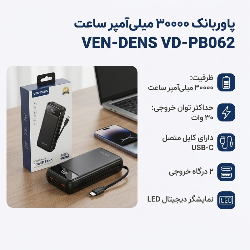 پاوربانک 22.5 وات وندنز مدل PB062 ظرفیت 30000 میلی‌آمپرساعت
