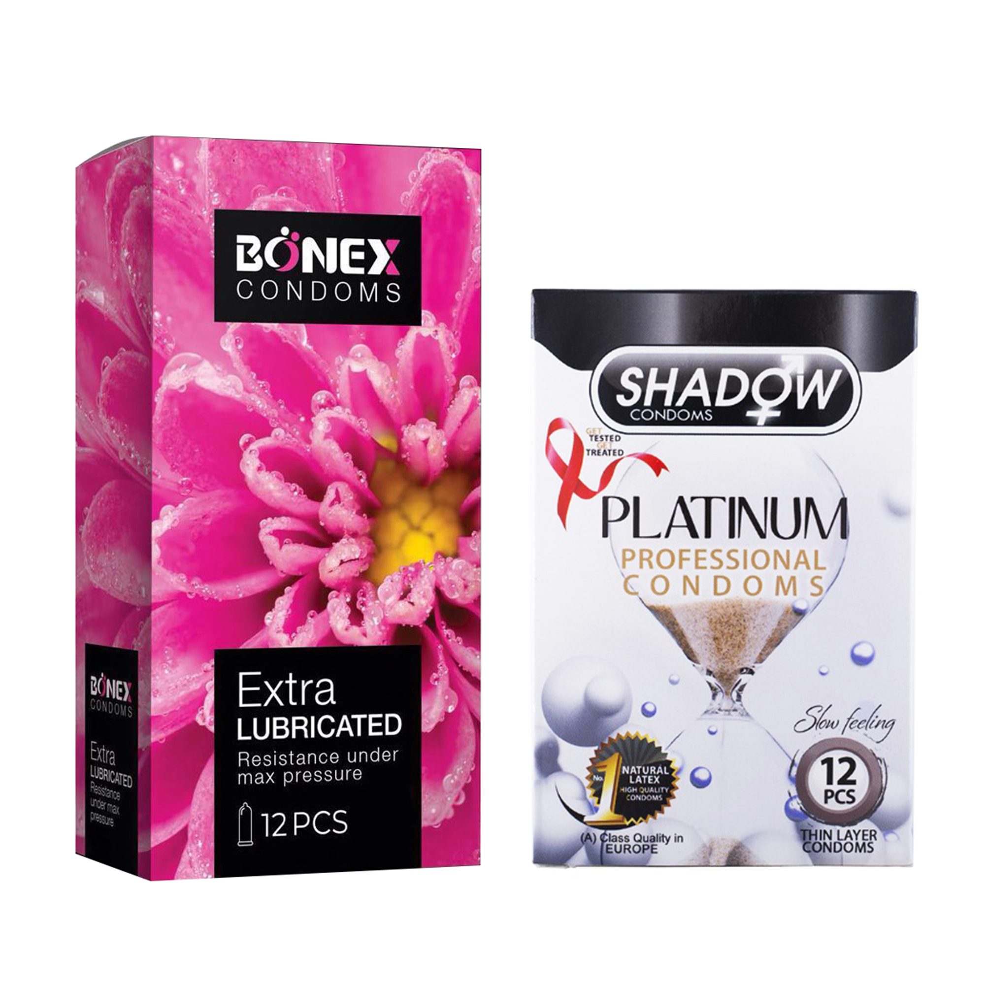 کاندوم بونکس مدل Extra Lubricated بسته 12 عددی به همراه کاندوم شادو مدل Platinum بسته 12 عددی