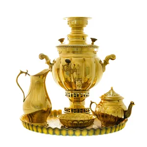 سرویس سماور ذغالی 5 پارچه برنجی مدل توپی ترک دار کد 4270