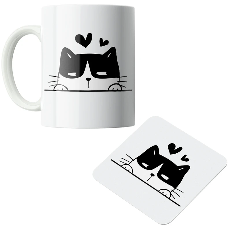 ماگ پاد آفرین مدل گربه کد DKC601 به همراه زیر لیوانی