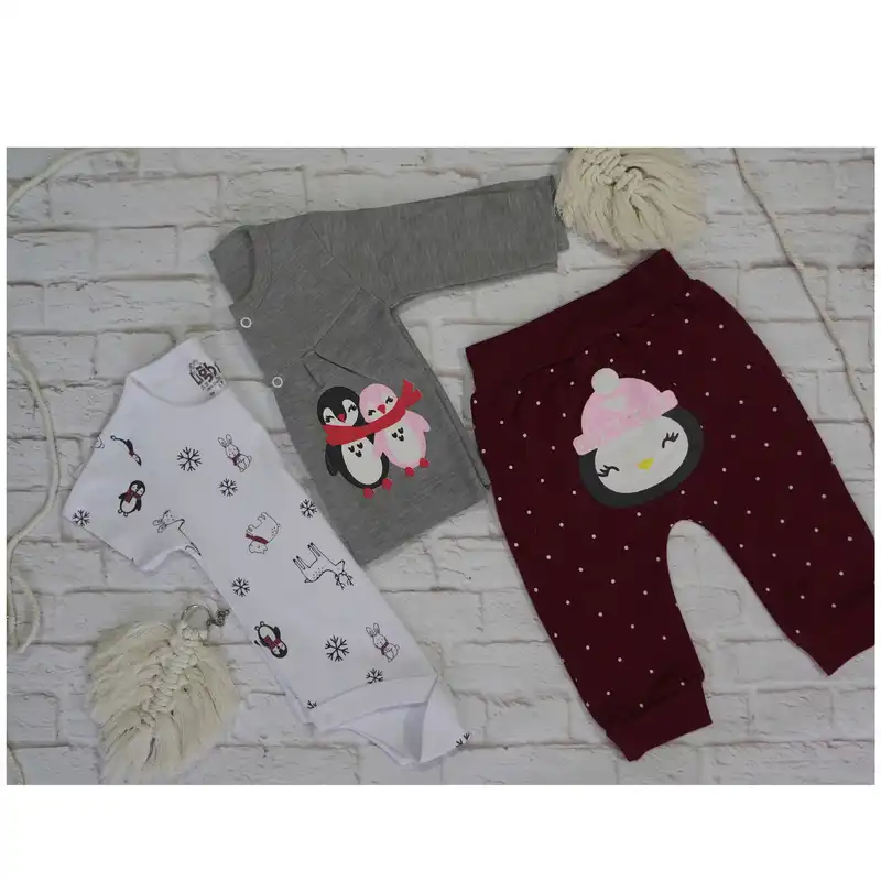 ست 3 تکه لباس نوزادی لایت طرح پنگوئن کد 260