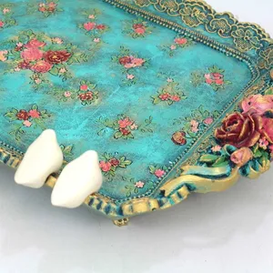 سینی مدل باغ فیروزه ای و پرنده 