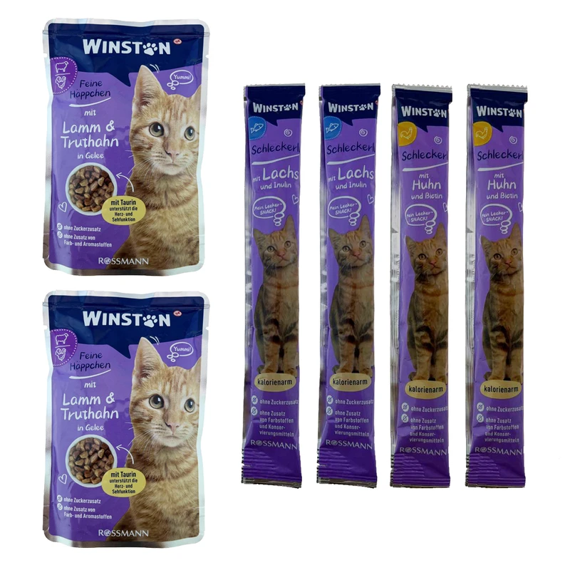 پوج گربه وینستون مدل گوشت بره و بوقلمون در ژله به همراه بستنی گربه مرغ و ماهی مجموعه 6 عددی