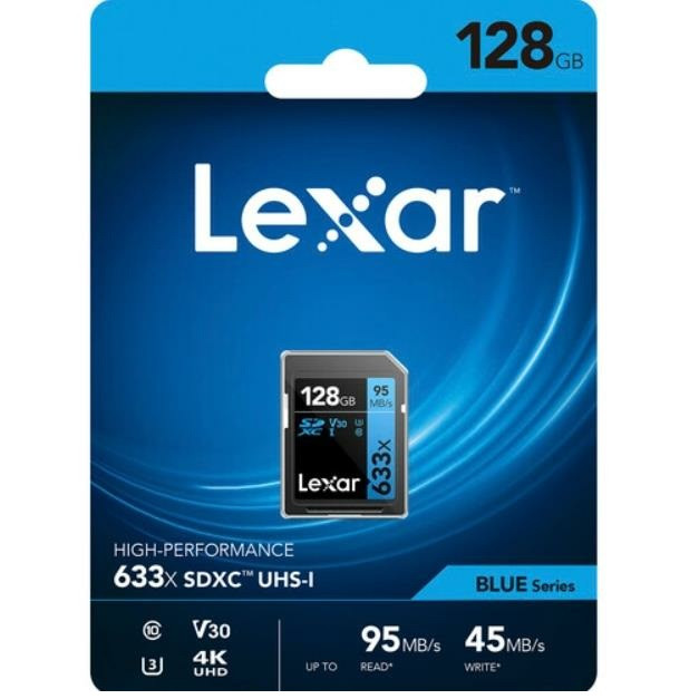 کارت حافظه SDXC لکسار مدل 633X کلاس 10 استاندارد UHS-I U3 سرعت 95MBps  V30 ظرفیت 128 گیگابایت