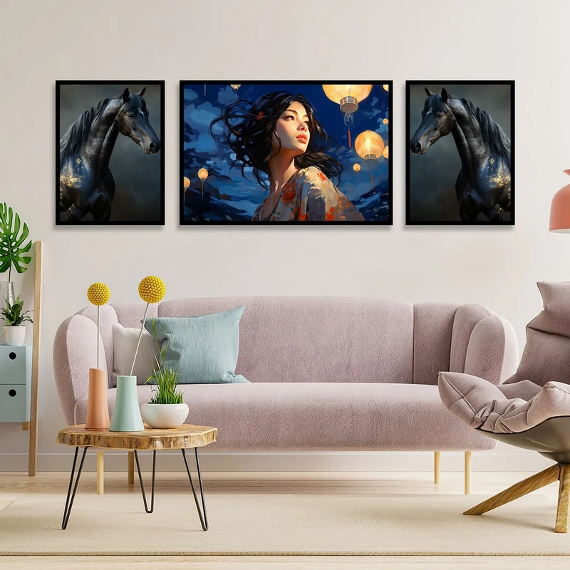 تابلو بکلیت طرح اسب سیاه و دختر کره ای مدل B-1188 مجموعه 3 عددی