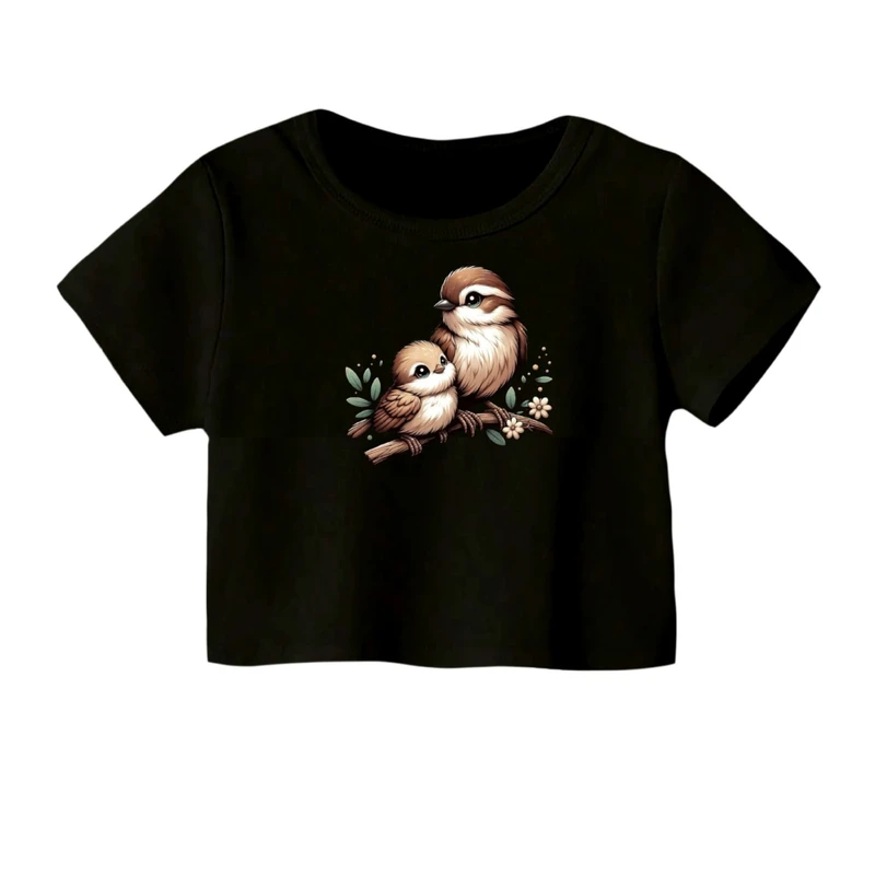 کراپ‌ تی‌شرت آستین کوتاه زنانه مدل پرنده ها کد 01