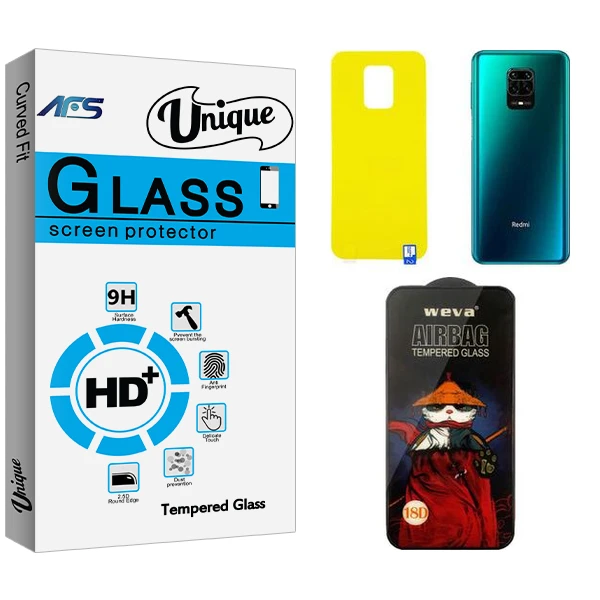 محافظ صفحه نمایش شیشه ای ای اف اس مدل Unique Airbag مناسب برای گوشی موبایل شیائومی Redmi Note 9s  به همراه محافظ پشت گوشی