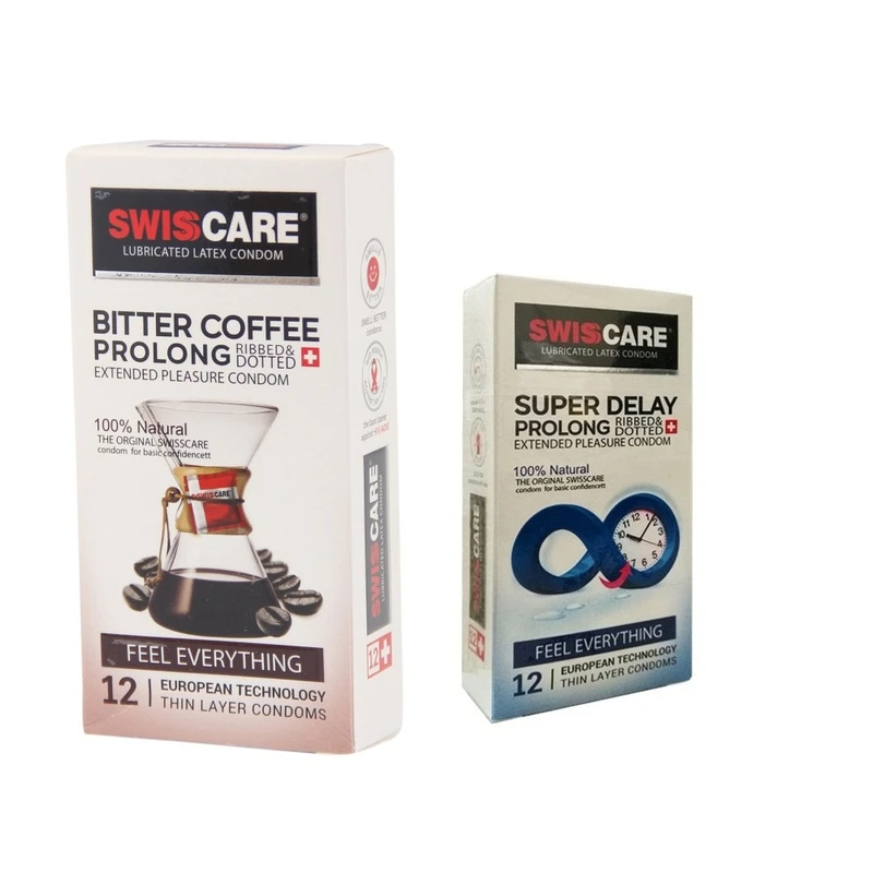 کاندوم سوئیس‌کر مدل Coffee Prolong بسته 12 عددی به همراه کاندوم سوئیس کر مدل SUPER DELAY بسته 12 عددی