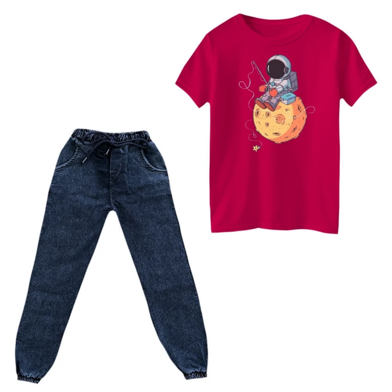 ست تی‌شرت و شلوار دخترانه مدل فضانورد و ماه کد 4