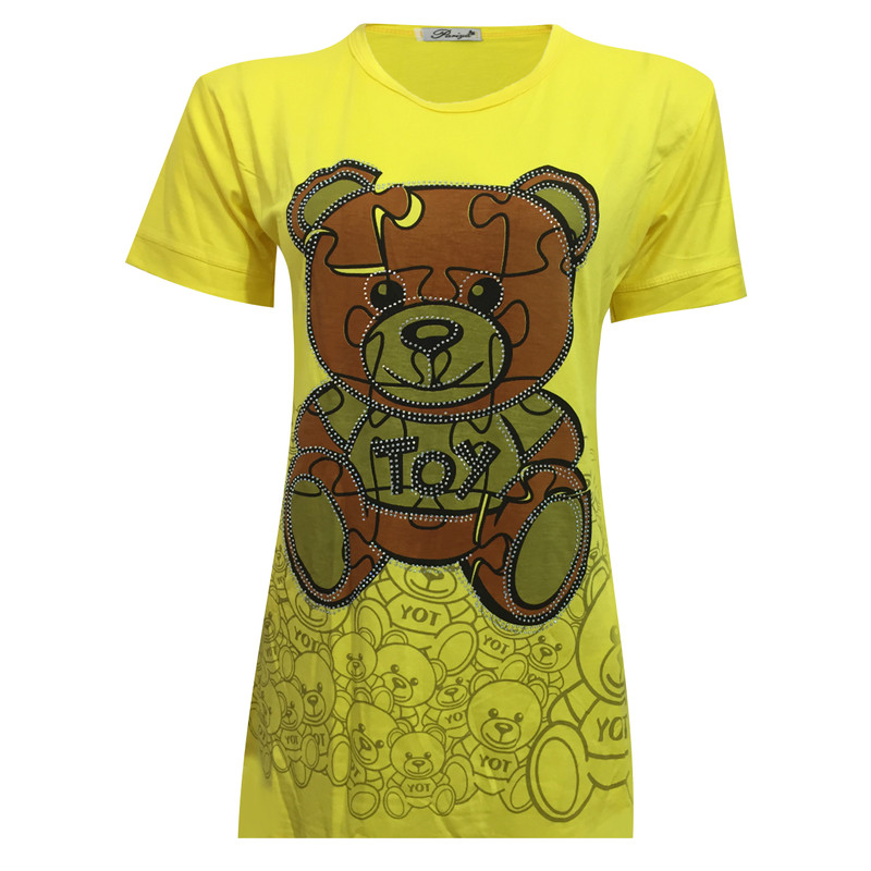 تی شرت آستین کوتاه زنانه مدل نخی تدی ویسکوز نگینی چاپی کد tm-2259 رنگ زرد