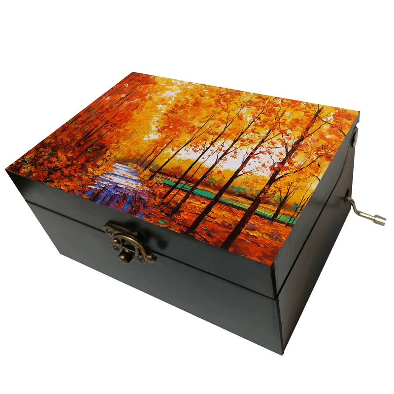 جعبه موزیکال مدل هندلی طرح درخت رودخانه و منظره پاییز کد T1084
