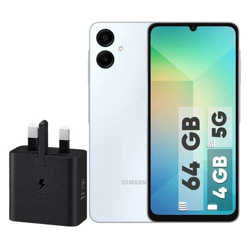 گوشی موبایل سامسونگ مدل Galaxy A06 5G دو سیم کارت 64 گیگابایت و رم 4 گیگابایت به همراه شارژر 25 وات سامسونگ