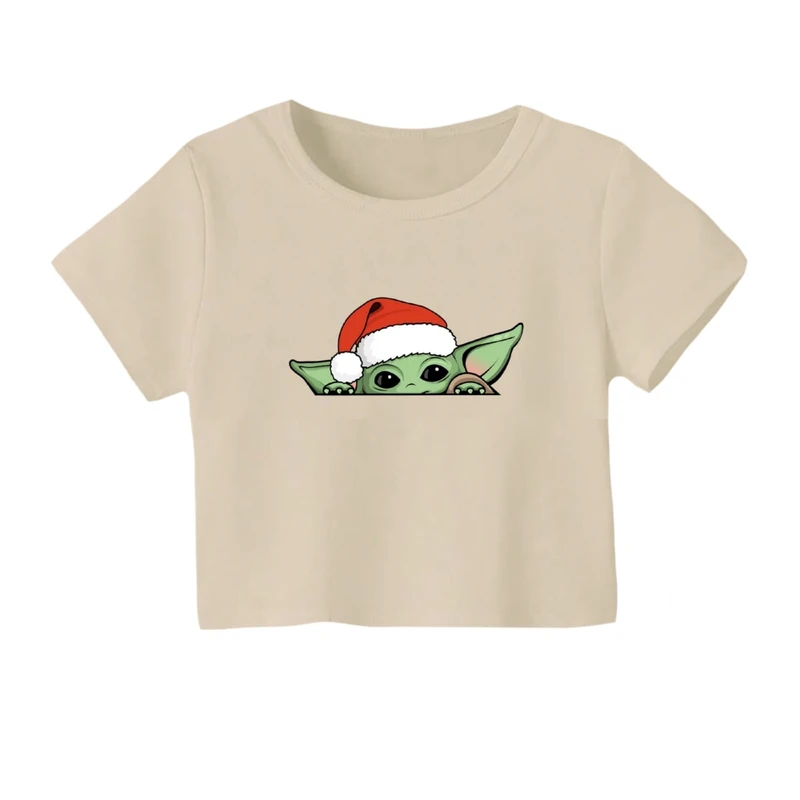 کراپ‌ تی‌شرت آستین کوتاه زنانه مدل بیبی یودا کریسمس کد 5
