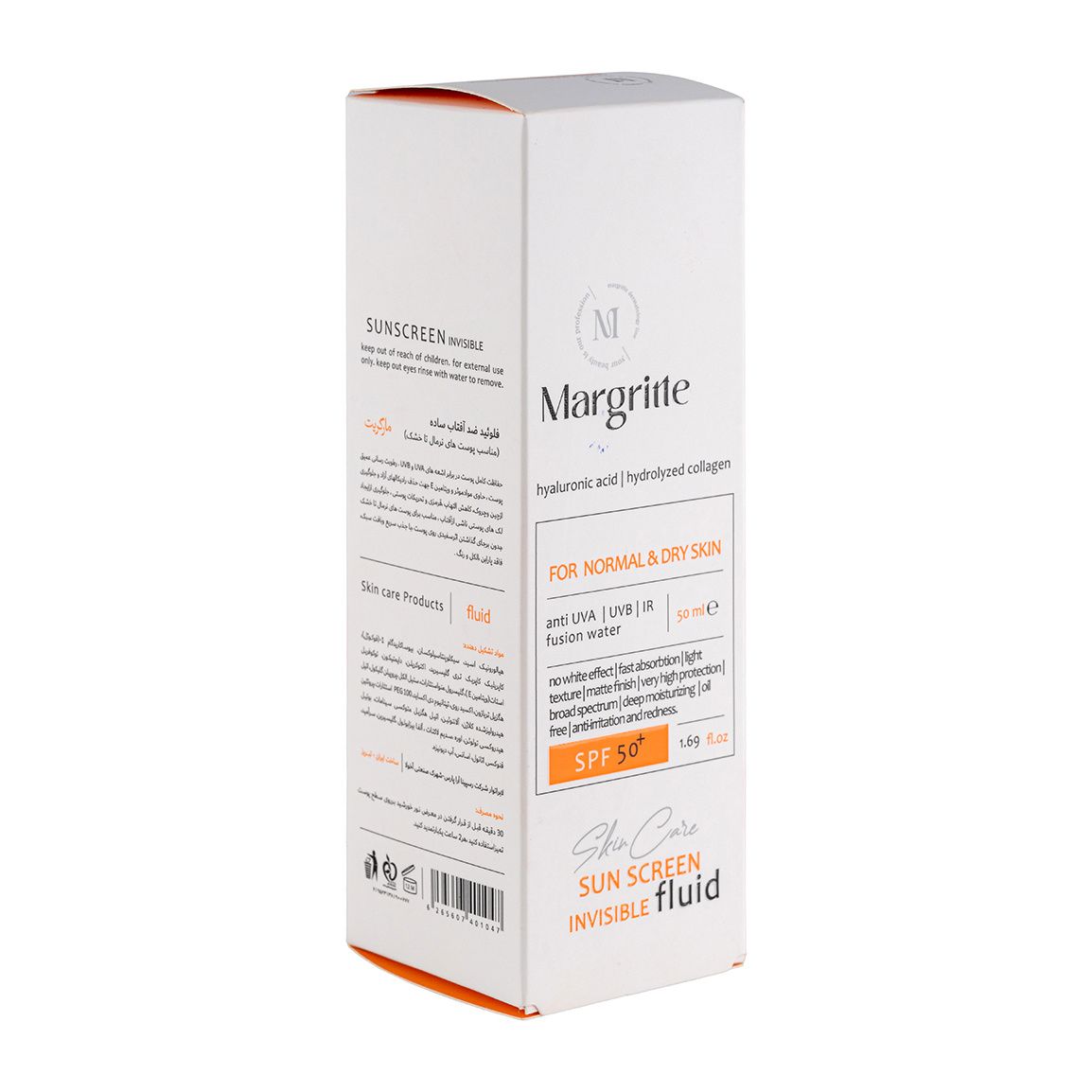 فلوئید ضد آفتاب بدون رنگ مارگریت SPF 50 مدل fusion Water محافظ UVA و UVB، ضد لک و روشن کننده، مناسب برای پوست های خشک و نرمال حجم 50 میلی لیتر