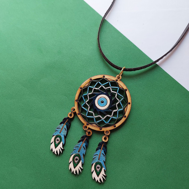 گردنبند زنانه مدل سرخپوستی چوبی طرح دریم کچر و چشم نظر کد NC070